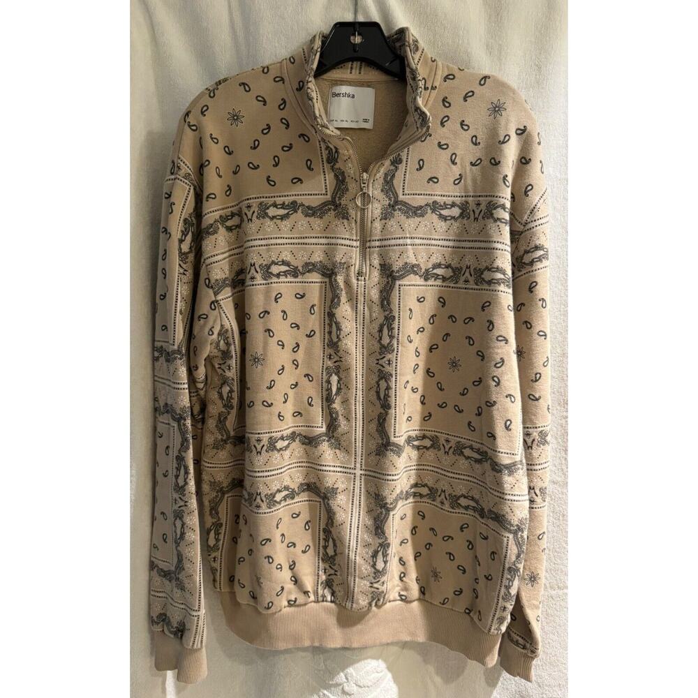 Bershka Men's 1/4 Zip L/S Pull Over Shirt XL Beige w/Gray Geometric Paisly